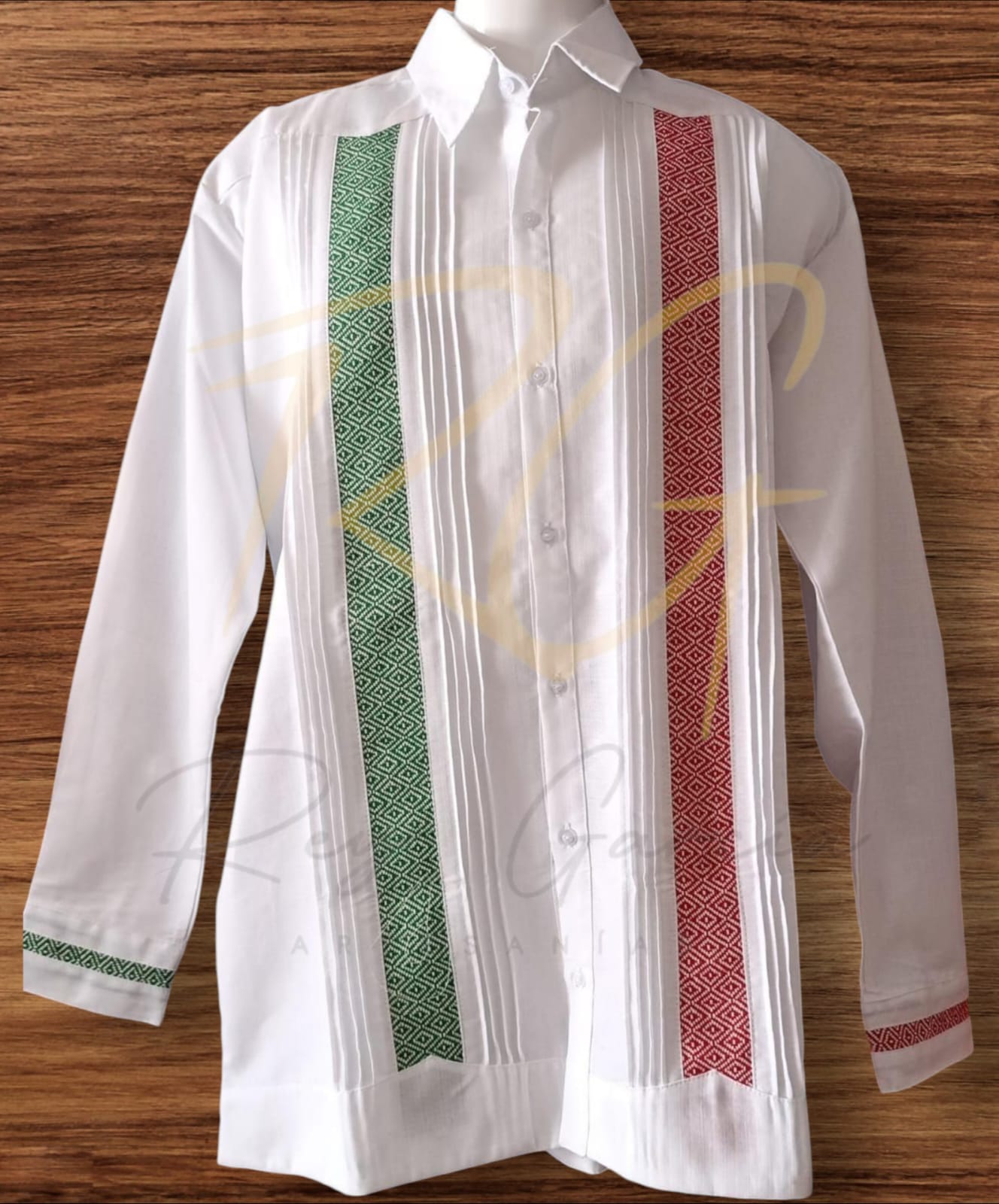 Guayabera en lino, con 2 tiras de labrado de cocol tricolor - Imagen 2