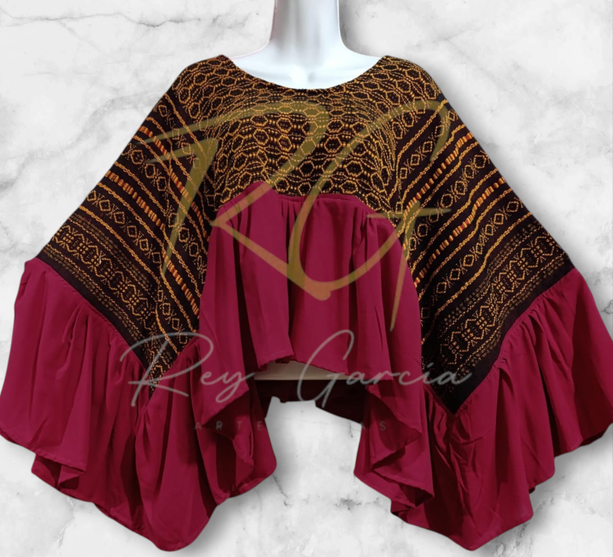 Blusa ala de mariposa, tejida en telar de pedal con labrado de nochebuena - Imagen 2