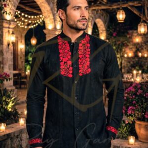 Guayabera en lino, con pechera bordada a mano de San Antonino