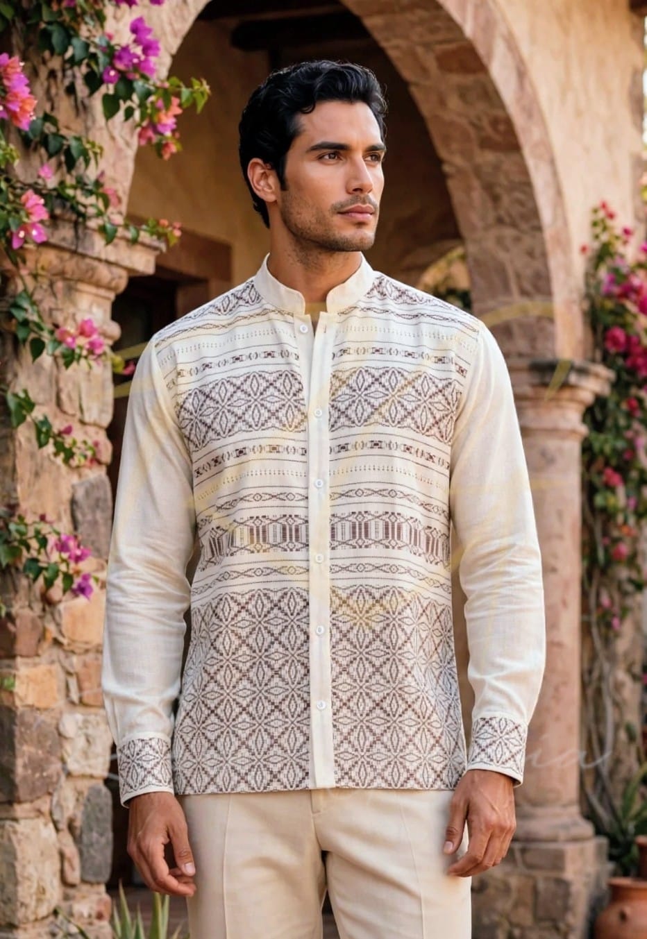 Camisa tejida en telar de pedal, con labrado de nochebuena