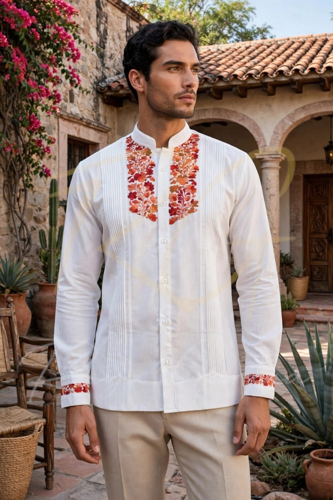 Guayabera en lino, con pechera bordada a mano de San Antonino