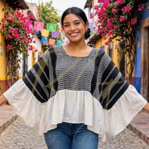 Blusa ala de mariposa, tejida en telar de pedal con labrado de panal