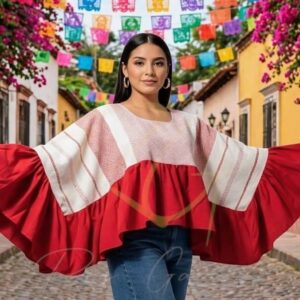 Blusa ala de mariposa, tejida en telar de pedal con labrado de cocol