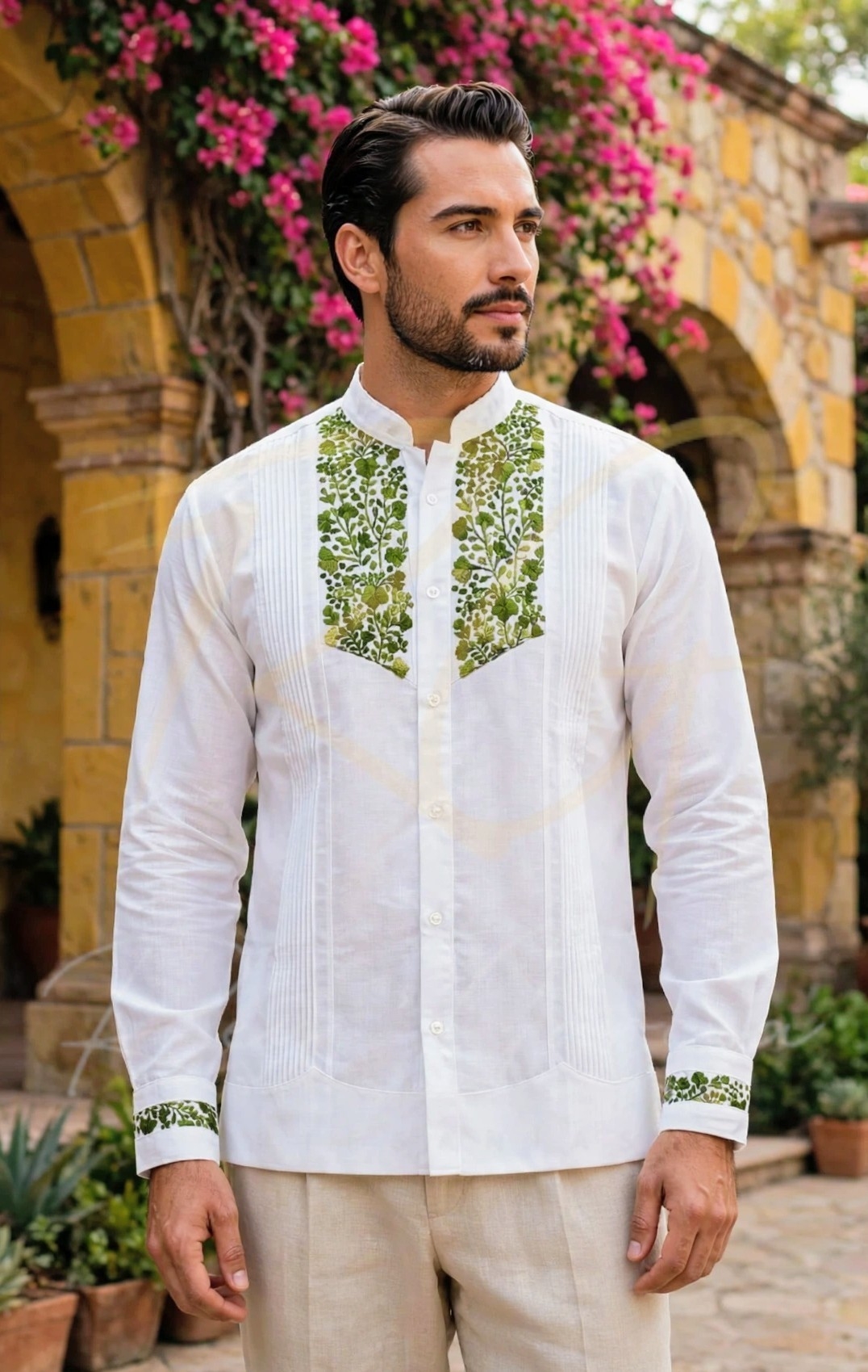 Guayabera en lino, con pechera bordada a mano de San Antonino