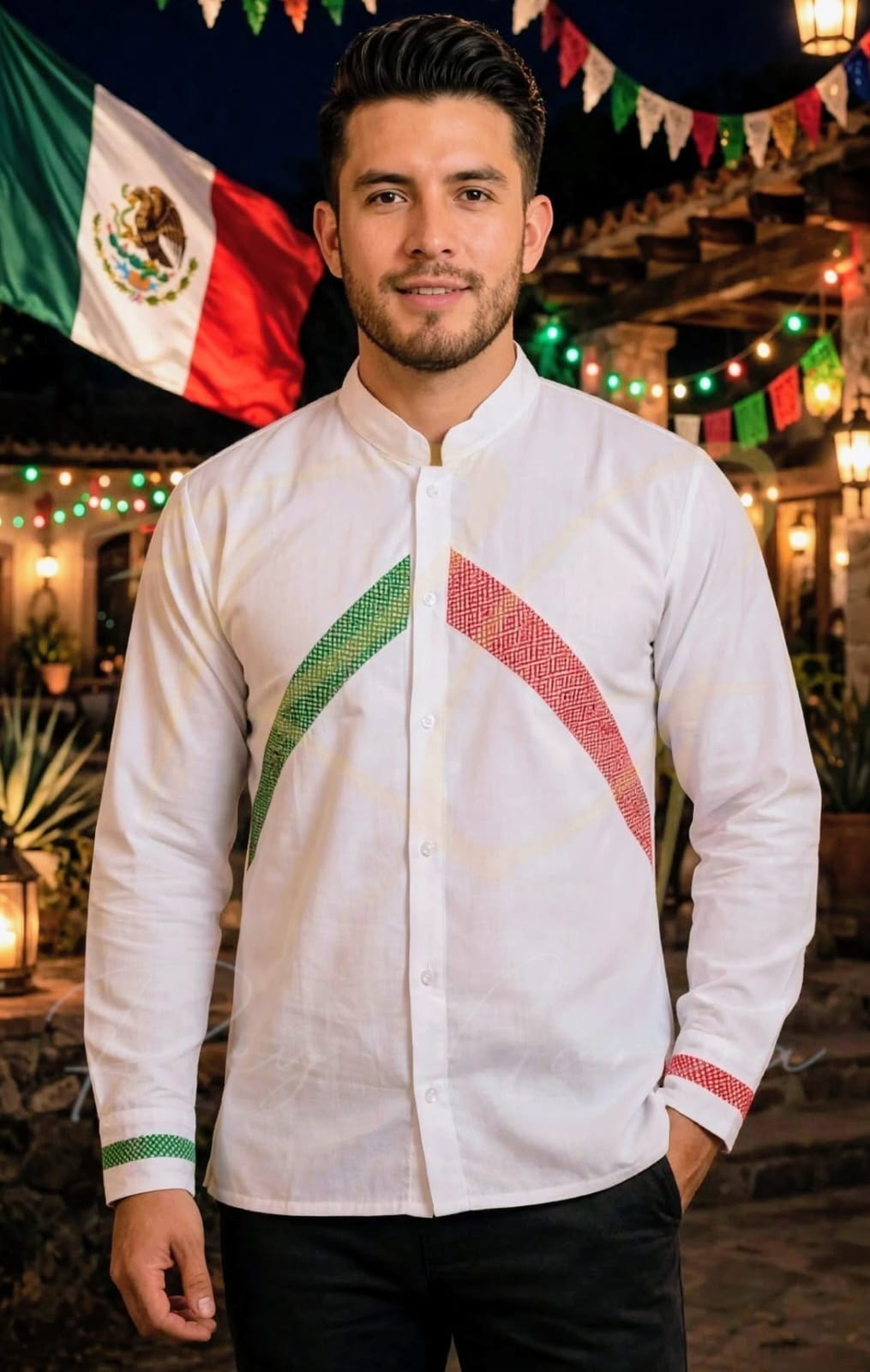Camisa en lino, con aplicaciones de labrado de cocol tricolor